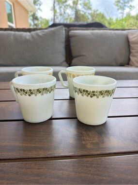 Pyrex White Mugs with Olive Green Floral Band - Set of 4